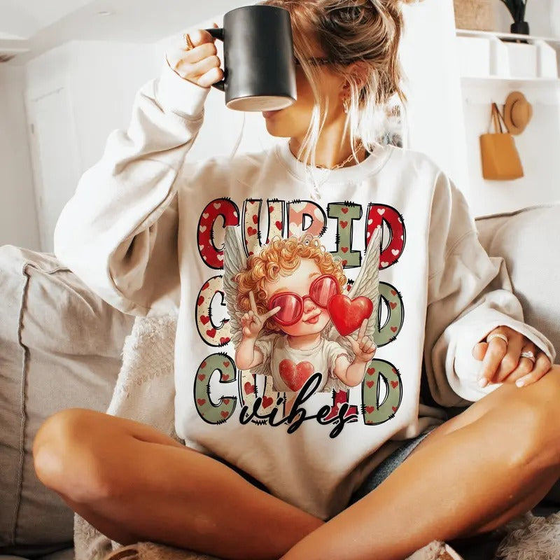 Retro Valentines Day Sweatshirt, Cupid Vibes Sweatshirt, Funny Valentines Day Sweatshirt, Cute Valentine shirt Sweatshirt Cute Cupid Sweatshirt Retro Valentine Sweatshirt