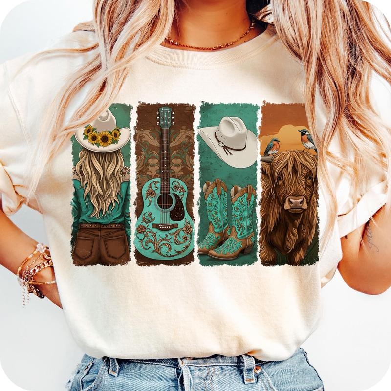 Retro Western Cowgirl T- Shirt, Western Turquoise T- Shirt, Cowboy Boots T- Shirt, Cowprint T- Shirt Comfort Colors...