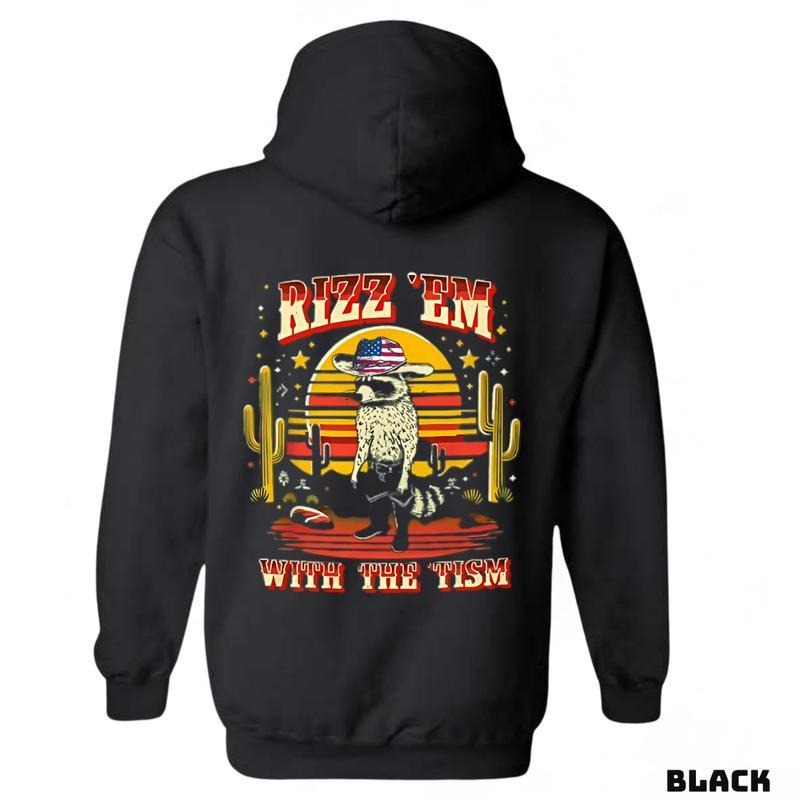 Rizz 'Em With The 'Tism sweatshirt-tshirt-hoodie, Featuring a raccoon in an American cowboy hat set against a vibrant desert sunset, delivering a fun and unique styleevents. and unisex.