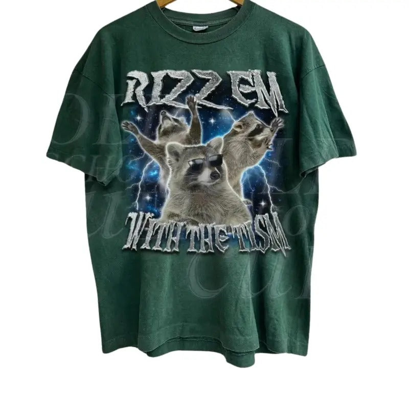 Rizz Em With The Tism Raccoon Vintage Graphic Shirt, Retro 90s Raccoon Rizz Graphic Shirt, Autism Awareness, Silly Shirt Lovers, Weird Shirt