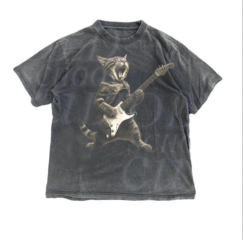 Rock Cat Playing Guitar Vintage Shirt, Retro Funny Guitar Cat T-Shirt, Cat Lovers, Rock Lovers Gift, Funny Gift, Rocker Shirt Menswear Top