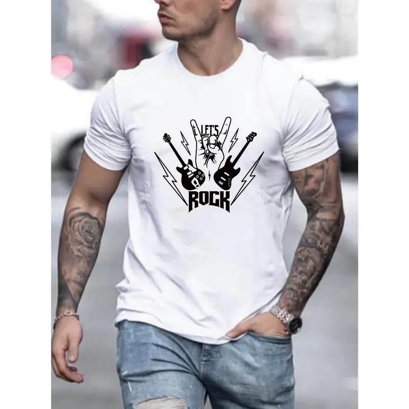 Rock Guitar Graphic Men's Short Sleeve T-shirt, Comfy Stretchy Trendy Tees For Summer, Casual Daily Style Fashion Clothing Made in USA