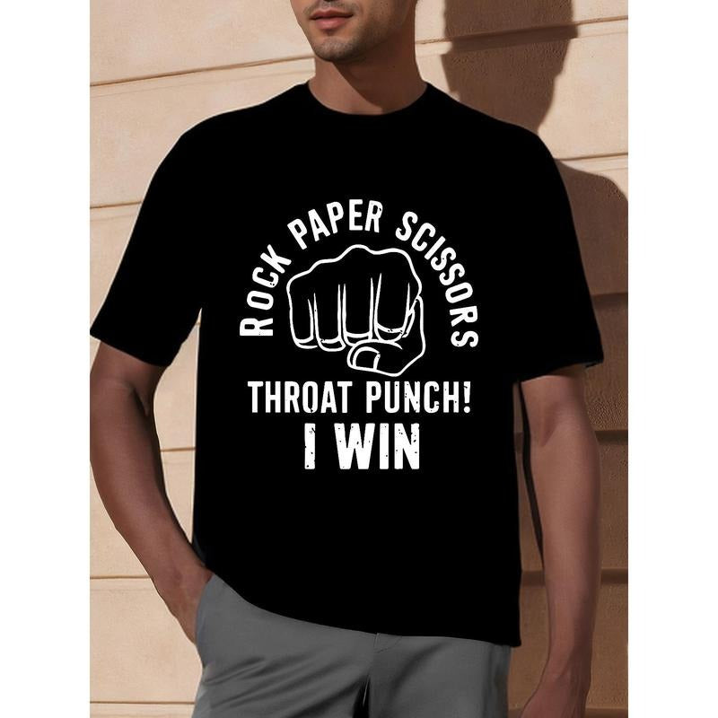 Rock Paper Scissors Throat Punch I Win Funny Graphic Tee - Comfy Round Neck Short Sleeve Casual Summer Top for Men with Simple Fit and Humorous Print Design Made in USA