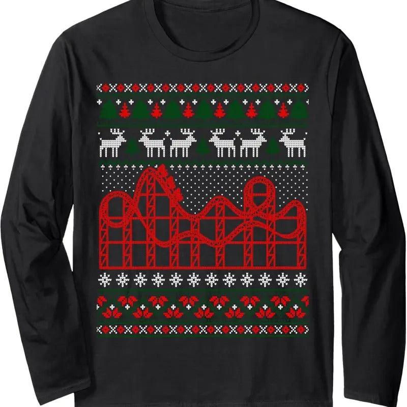 Roller Coaster Scene Ugly Christmas Sweater Long Sleeve T-Shirt Hoodie, Sweatshirt | InkThreadWorks.com