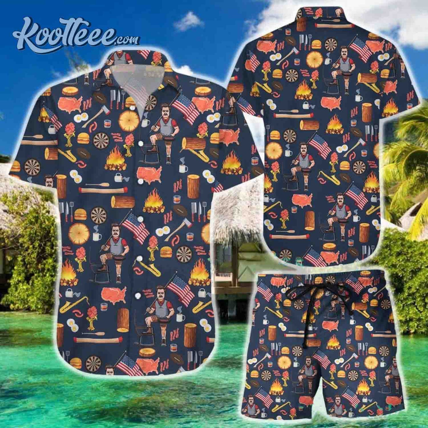 Ron Swanson Parks and Recreation Hawaiian Shirt And Shorts