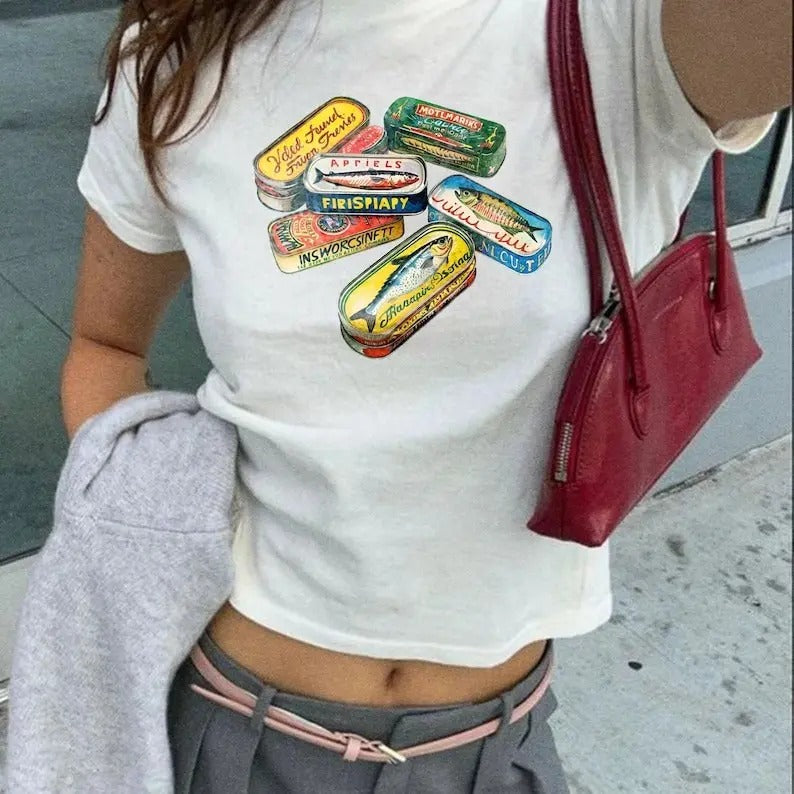 Round Neck Sardine Tins Baby Tee - Cute Fish Tin Shirt for Babies | Classic Streetwear Top, Vintage Style Trending Women's Tee