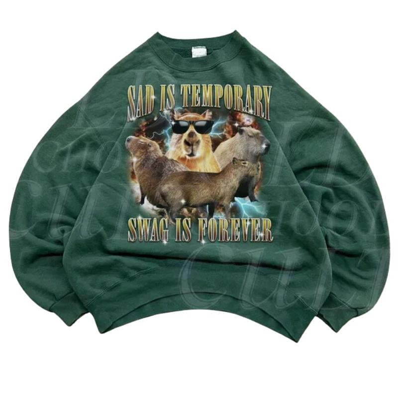 Sad Is Temporary Swag Is Forever Vintage 90s Style Sweatshirt, Retro Capybara Sweater, Capybara Lover Funny Sweater, Y2k Unisex Hoodies