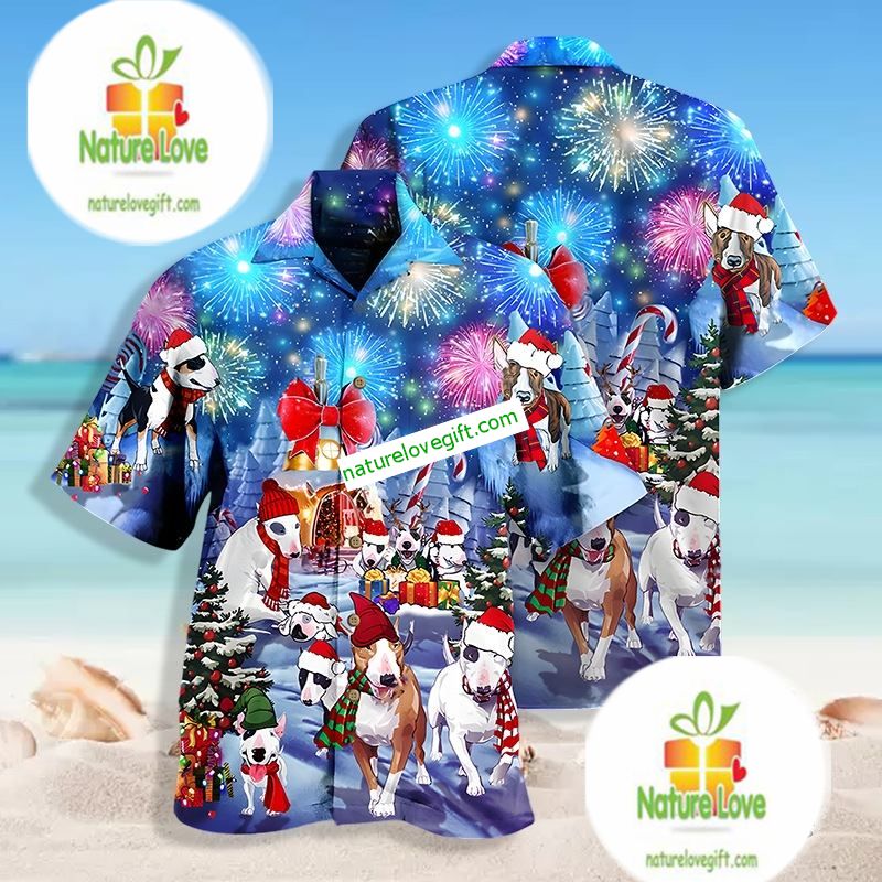 Santa Claus Bully Dog Mom Dad Blue 80S Hawaiian Shirt