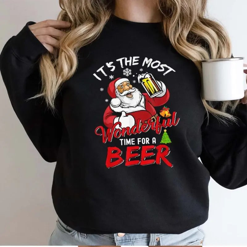 Santa Claus Drinking Beer Wonderful Time Christmas Graphic Sweater Casual Street Style Fleece Crewneck Pullover Sweatshirt Tops Trendy For Women For Men, Perfect Gift