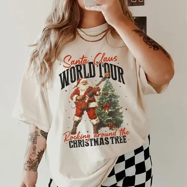 Santa Claus Shirt, Santa Claus World Tour ~ Unisex Apparel Relaxed Fit Printed in the USA Clothing Womenswear Casual and Comfortable, Claus World Tour Shirt