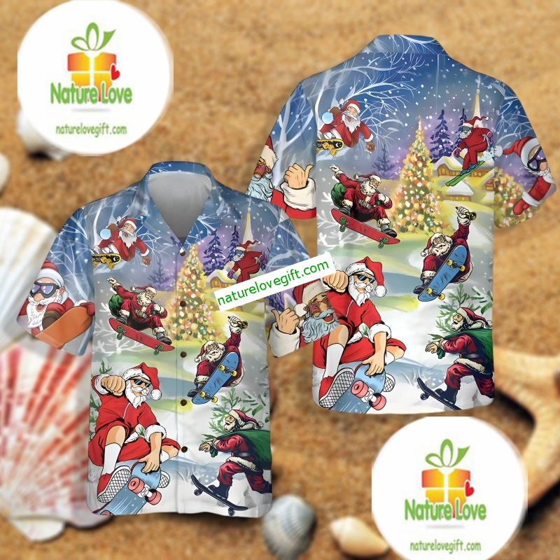 Santa Claus Skiing Blue Cotton Hawaiian Shirts