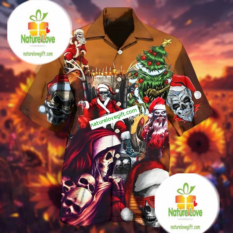 Santa Claus Skull Orange Slim Fit Hawaiian Shirt