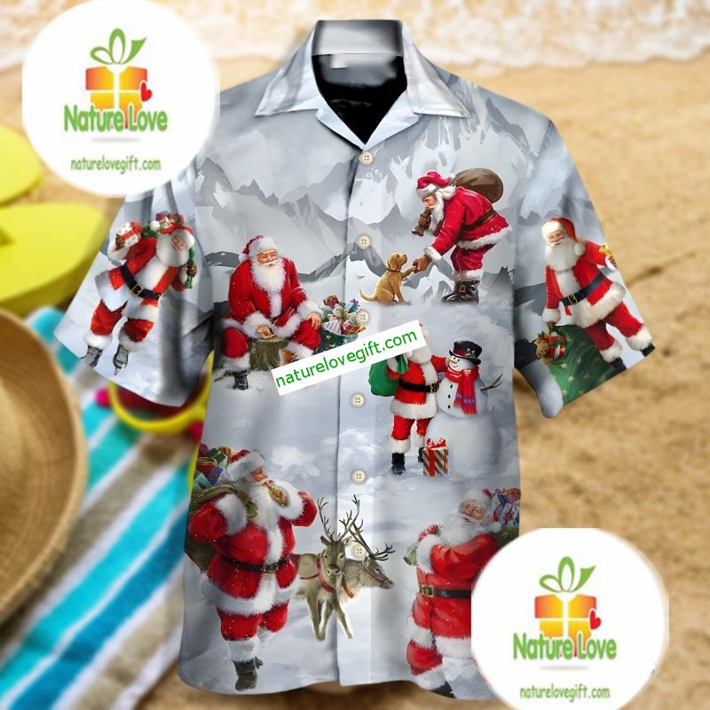 Santa Claus Snowman And Dog In The Snow Mountain Grey Authentic Hawaiian Shirts