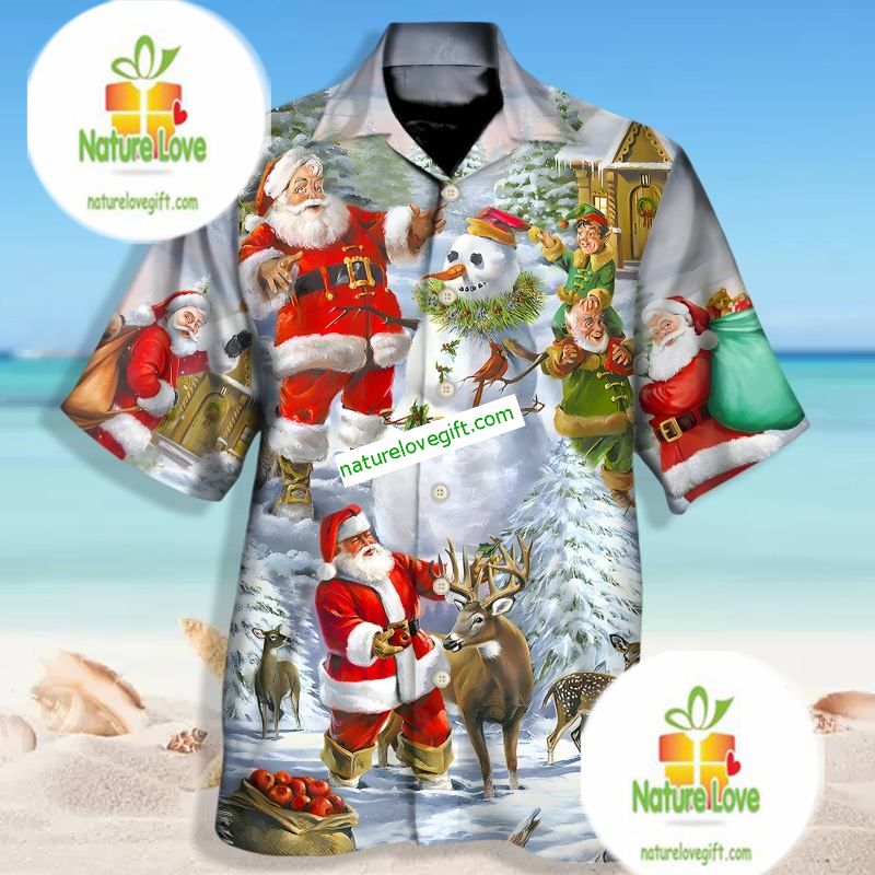 Santa Claus Snowman Elf Happy Xmas Grey Tacky Hawaiian Shirt
