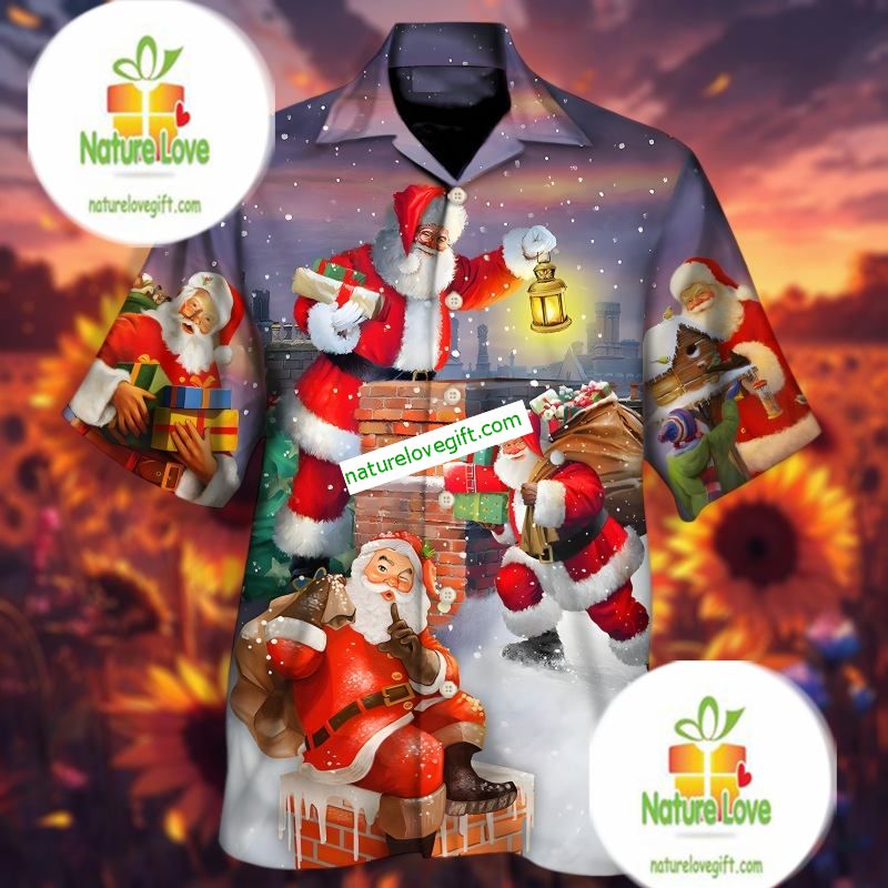 Santa Claus Throwing Gifts Down The Chimney Purrple Long Sleeve Hawaiian Shirt