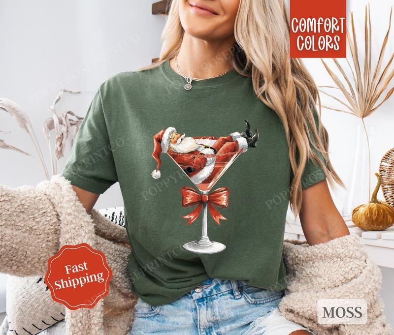 Santa Martini Shirt Comfort Colors Christmas Tshirt, Women's Holiday Tee Hoodie, Sweatshirt | InkThreadWorks.com