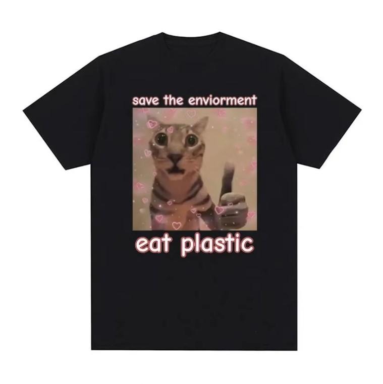 Save The Environment Eat Plastic Cute Cat Graphic T Shirt Funny Men Women