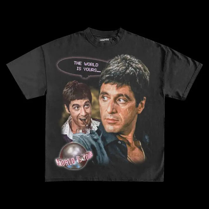 Scarface Vintage Cotton Tee Tees - Black Short Sleeve Top with Graphic Print Featuring Two Characters, Soft and Breathable Design