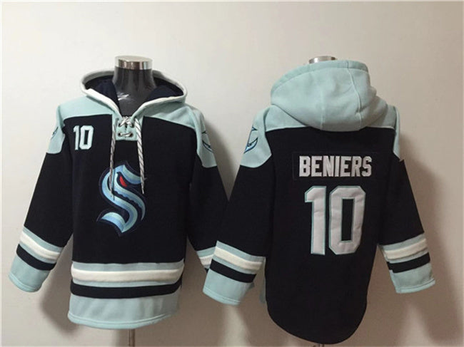 Seattle Kraken #10 Matty Beniers Black Ageless Must-Have Lace-Up Pullover Hoodie