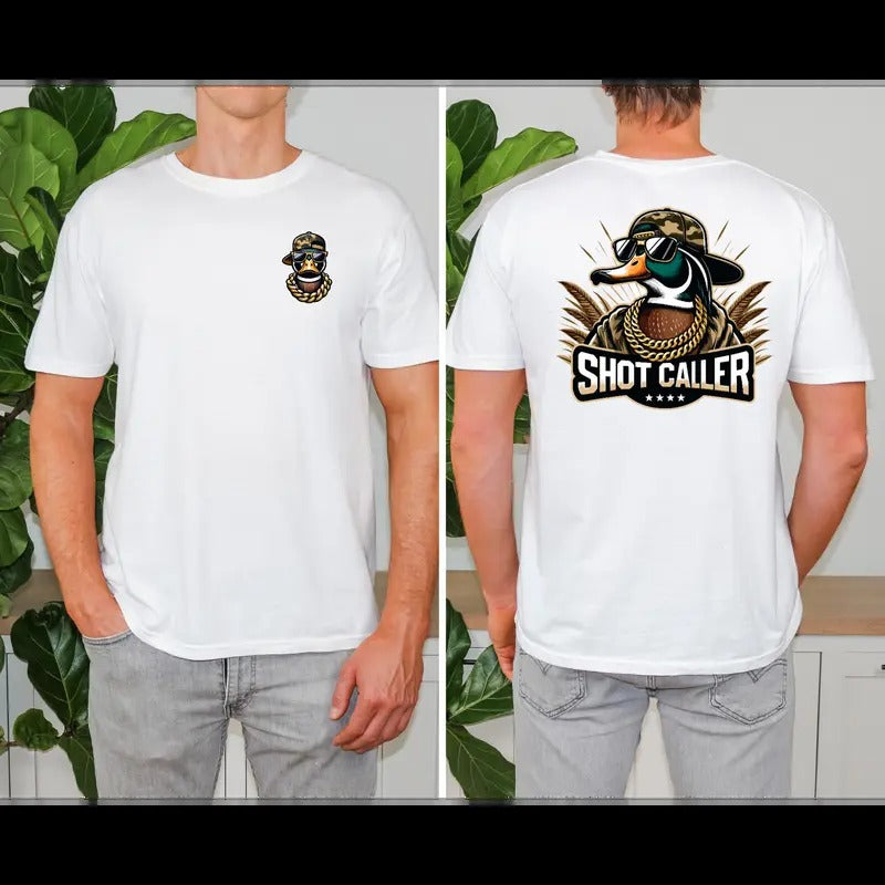Shot Caller Duck Mens T-Shirt - Loose-Fitting Casual Tee with Gangster Duck Print