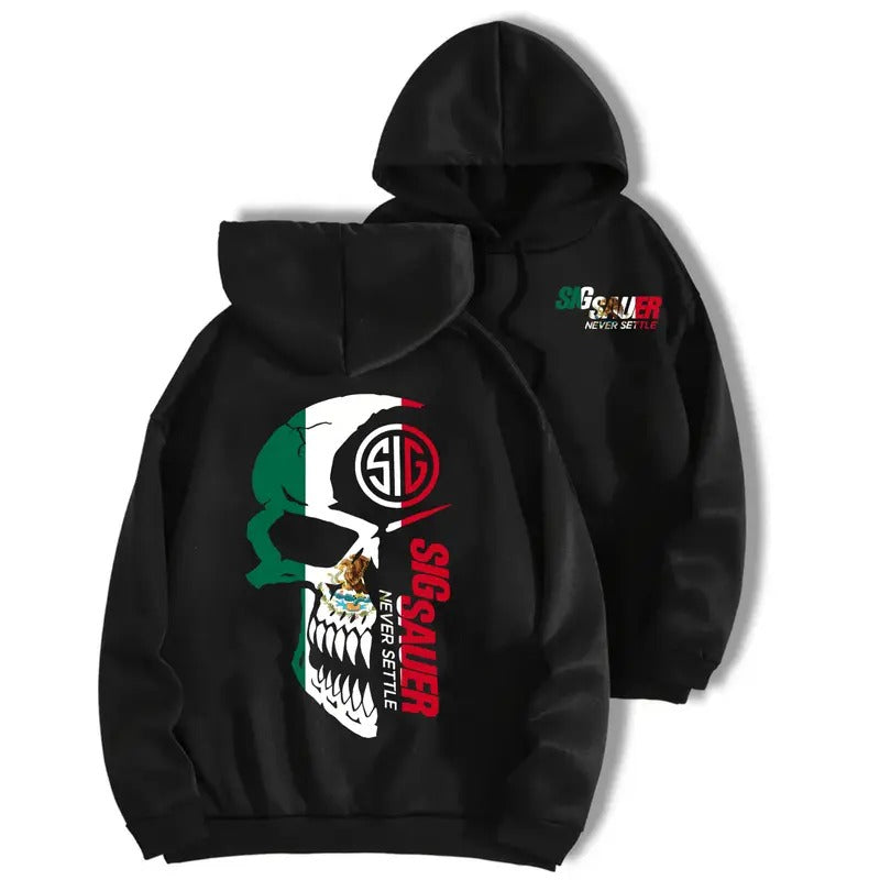 Sig Sauer Never Set BLACK Double Sided HOODIE, Mexican Camouflage, Soft Cotton Blend, Classic Fit, Unisex, T-shirt For Men Classic