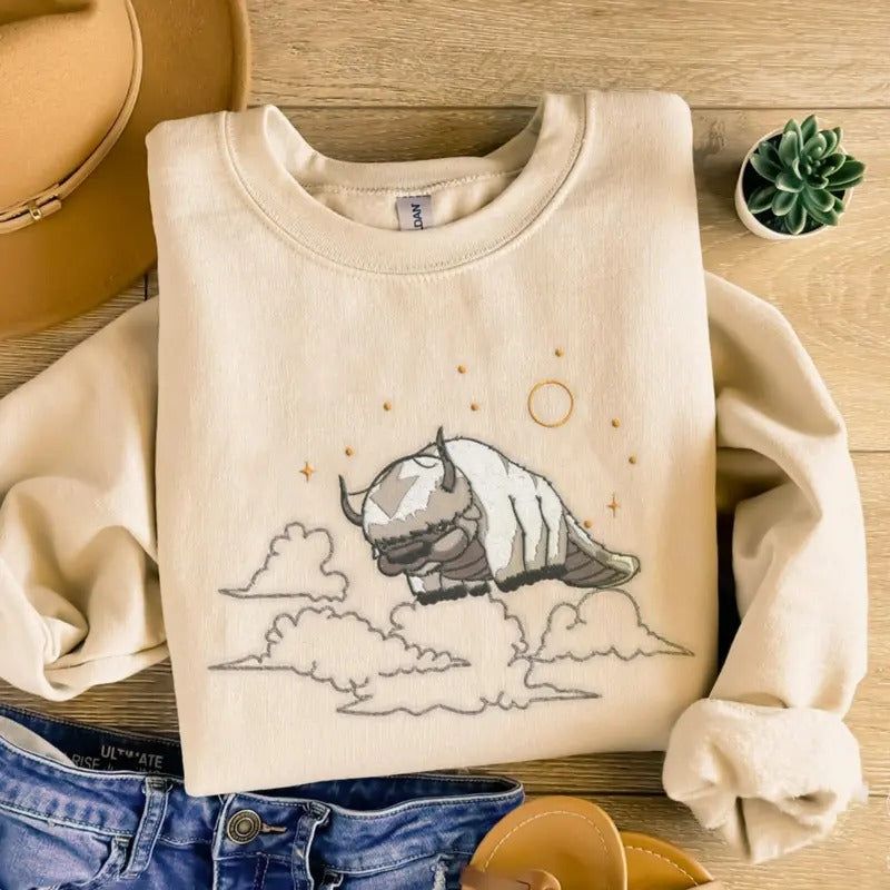 Sky Bison Embroidered Sweatshirt T-shirt, Appa Embroidered Crewneck, Anime Embroidered Shirt, Yip Yip Embroidered Shirt