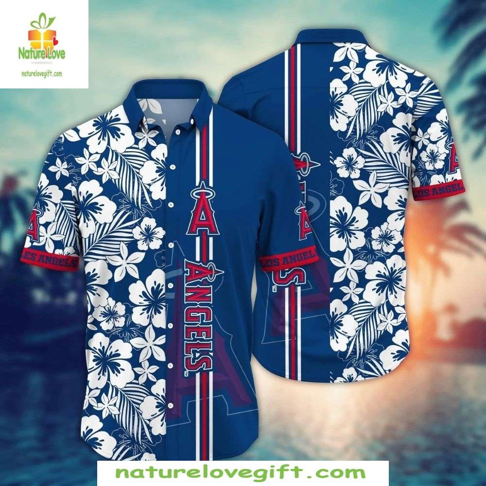 LA Angels Hawaiian Shirt White Navy Floral Stripes Baseball Aloha Shirt