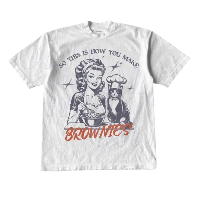 So This Is How You Make Brownies Graphic T-Shirt, Retro Woman Pop T Shirt, Vintage Baking T Shirt, Nostalgia Cat Shirt, Mom Baking Shirt
