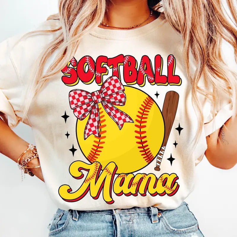 Softball Mama T-Shirt, Retro Softball Mama T-Shirt, Softball Coquette T-Shirt, Game Day Softball Bow T-Shirt, Softball...