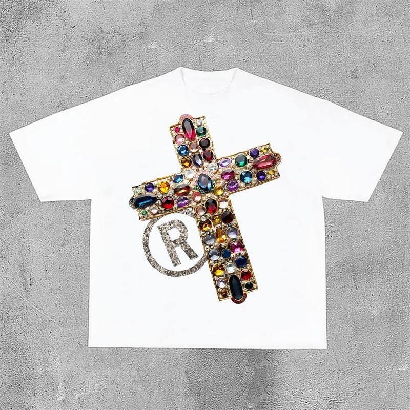 Sopula Vintage Diamond Cross Graphic Print Casual Cotton T-Shirt