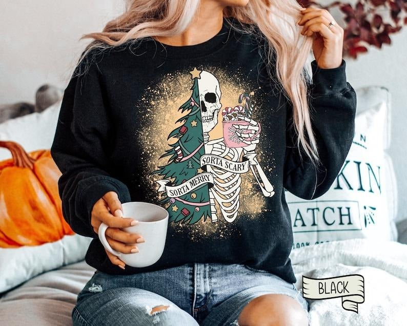Sorta Merry Sorta Scary Crewneck, Funny Christmas Sweatshirt, Cute Spooky Season Sweater, Custom Christmas Skeleton...