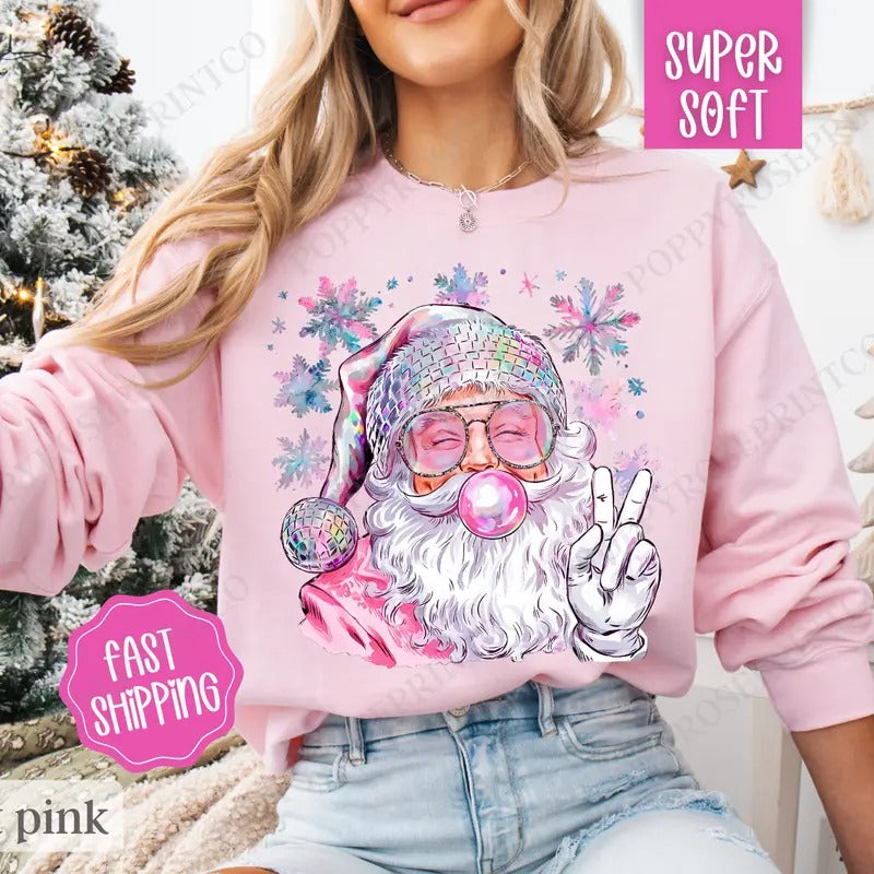 Sparkle Santa Sweatshirt, Preppy Christmas Crewneck, Womens Holiday Sweater T-Shirts, Hoodie | InkThreadWorks.com