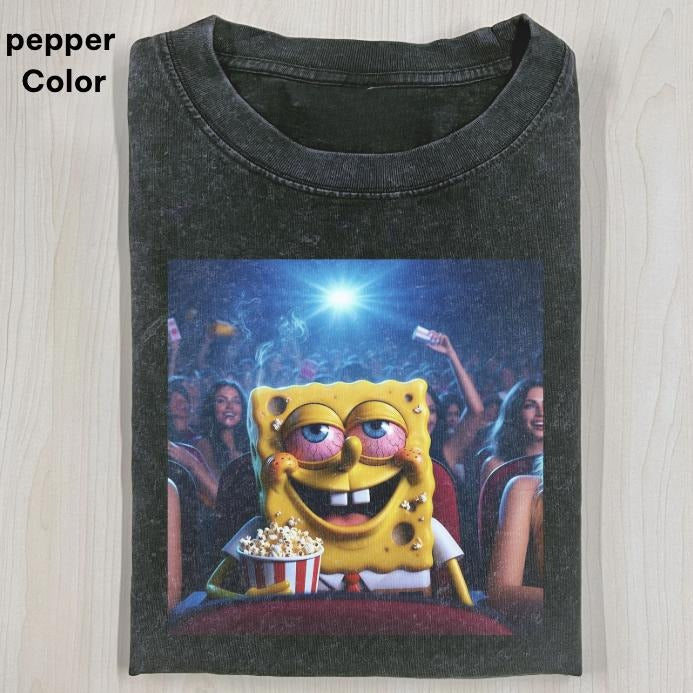 Spongebob Shirt Neon, SpongeBob SquarePants is high while watching a movie, SPONGEBOB SQUAREPANTS T-SHIRT, Funny Graphic T-shirt, Unisex Movie Shirt