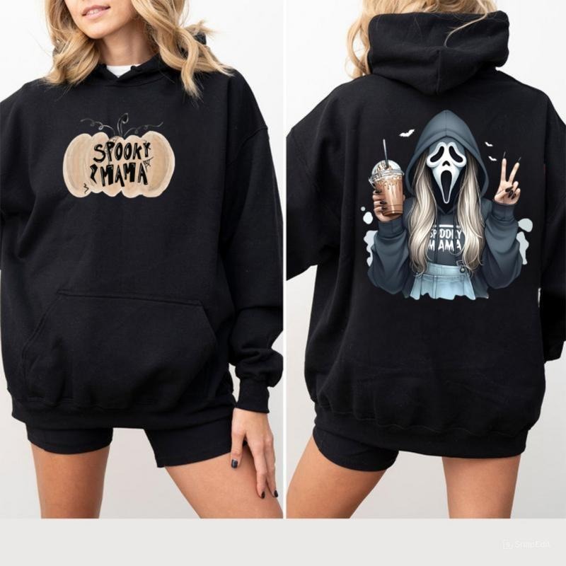 Spooky Mama Hoodie, Ghossstface Holding Iced Coffee Graphic Hoodie, Fun Halloween Horror Apparel, Trendy Fall Season Style, Unisex Fit for Men & Women