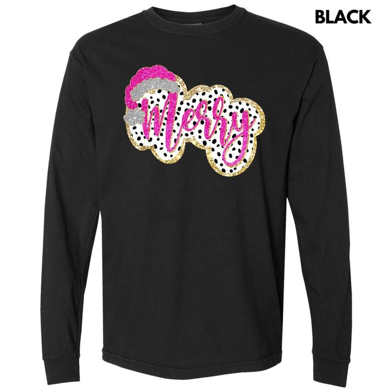 Spotted Faux Glitter MERRY Long Sleeve Comfort Colors T-Shirt 'NLB' Hoodie, Sweatshirt | InkThreadWorks.com