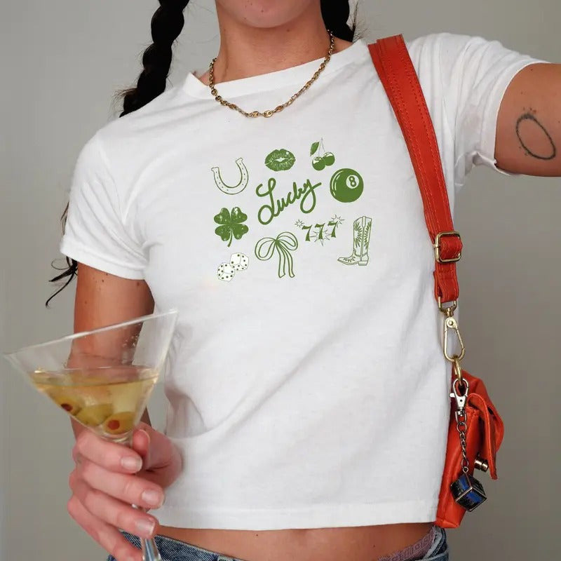 St Patrick's Day Baby Tee, Y2k Cropped Baby Tee, Trendy St Patty's Day Shirt, Green Lucky Women's Baby Tee, Day Drinking...