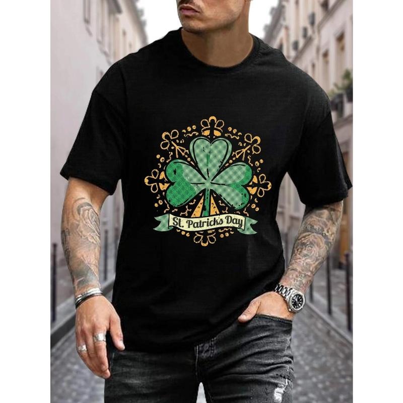St Patrick's Day Clover Print T Shirt, Tees For Men, Casual Short Sleeve T-shirt For Summer Made in USA Hoodie, Sweatshirt