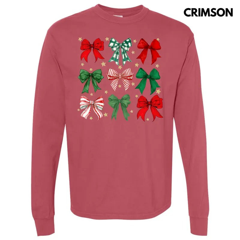 Starry Christmas Bow Collage Long Sleeve Comfort Colors T-Shirt 'NLB' Hoodie, Sweatshirt | InkThreadWorks.com