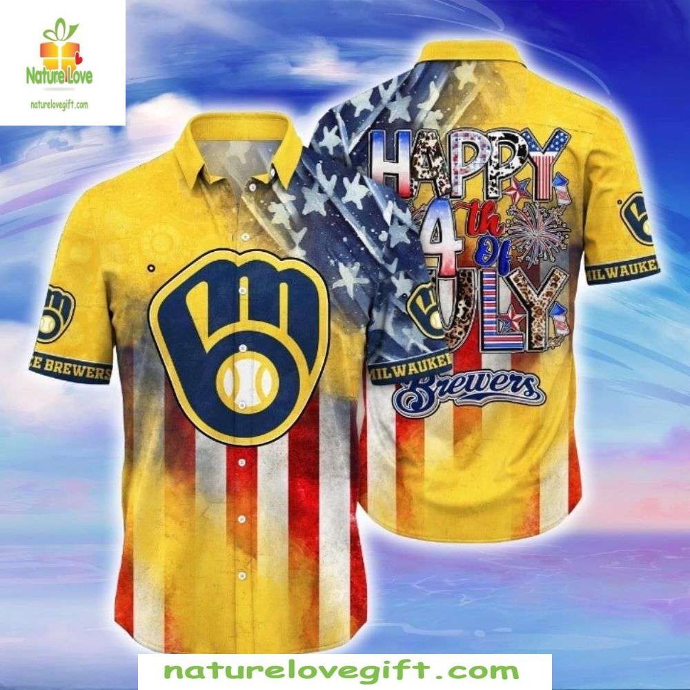 MLB Hawaiian Shirt Stars Stripes Brew Milwaukee 4th July Baseball Apparel