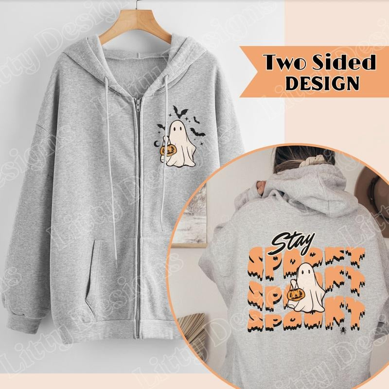 Stay Spooky Sweatshirt for Fall, Cute Ghost Halloween Zip Up Hoodie, Front and Back Design with Two Color Options, Fall...