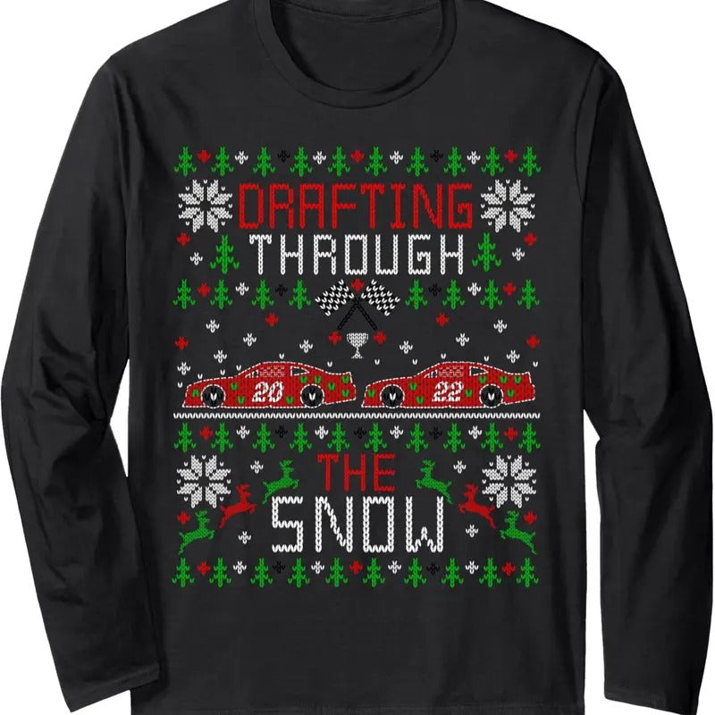 Stock Car Racing Race Fan Ugly Christmas Sweater Party Long Sleeve T-Shirt Hoodie, Sweatshirt | InkThreadWorks.com