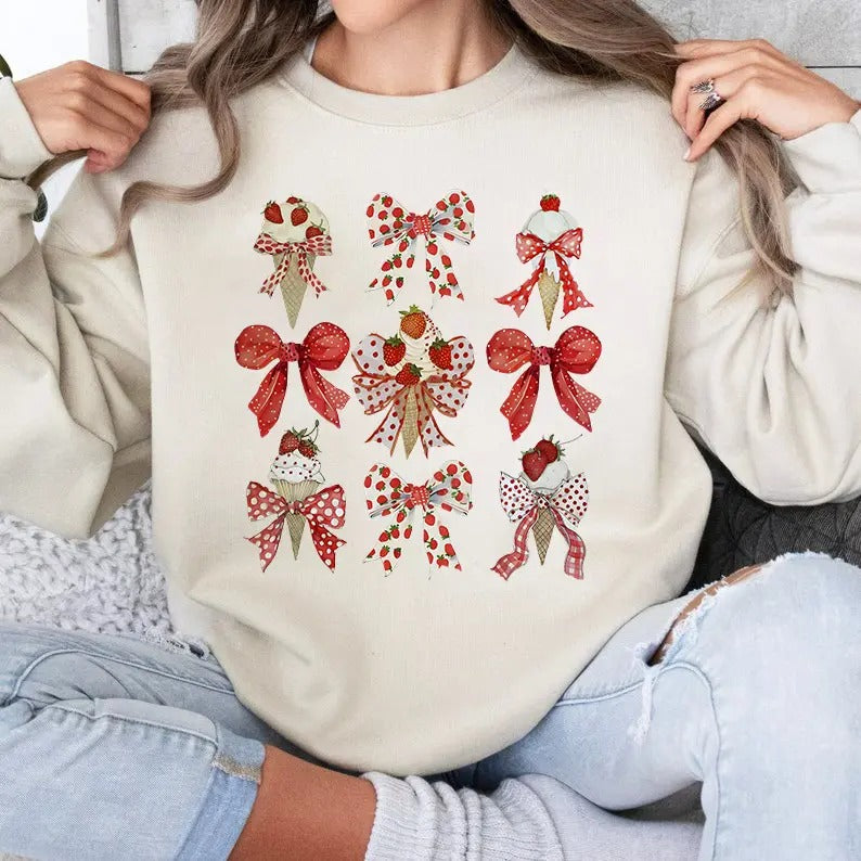 Strawberry Ice Cream with Red Bow Sweatshirt, Girly Coquette Retro Summer Clipart, Beach Social Club Shirt, Pool Babe...
