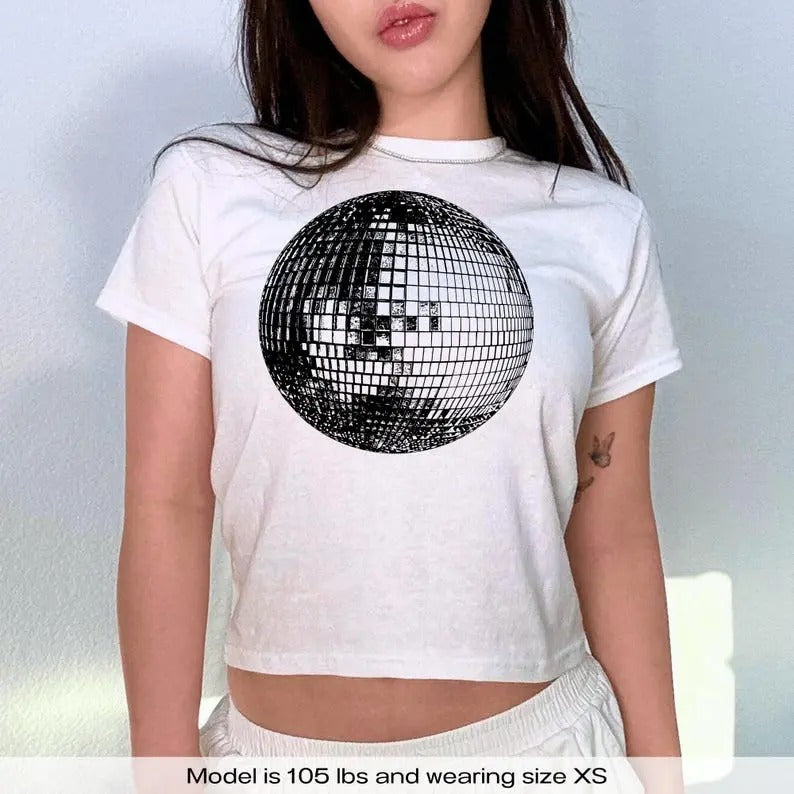 Studio 54 Retro Disco Ball, Y2k Baby Tee, Trendy Baby Tee Collar Fit Hoodie, Sweatshirt | InkThreadWorks.com