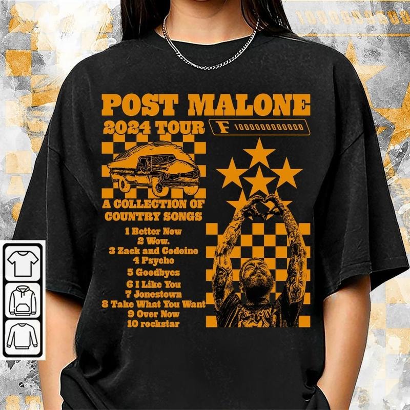Style Post Malone Tour Music Shirt, A Collection Of Country Song List, Post Malone Concert 2024 For Fan Unisex Shirt, Cotton Round Neck Tee, Unisex T-shirt for Men and Women