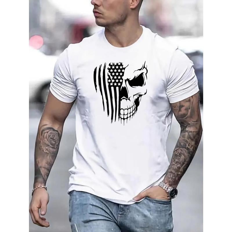 Stylish Skull USA Flag Graphic Tee - Men's Trendy T-Shirts - Short Sleeve Round Neck Casual Tops for Outdoor Summer Activities, Street Style Fashion Clothing Made in USA