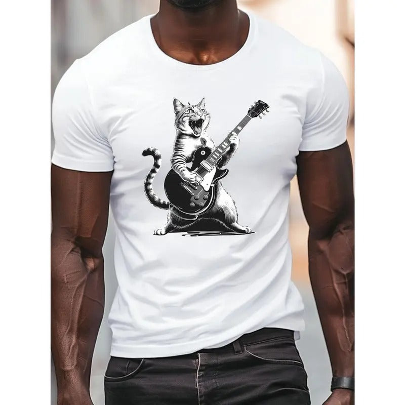 Cat Rock Electric Guitar Print Short Sleeved T-shirt, Casual Comfy Versatile Tee Top, Men's Everyday Spring/Summer Clothing Made in USA