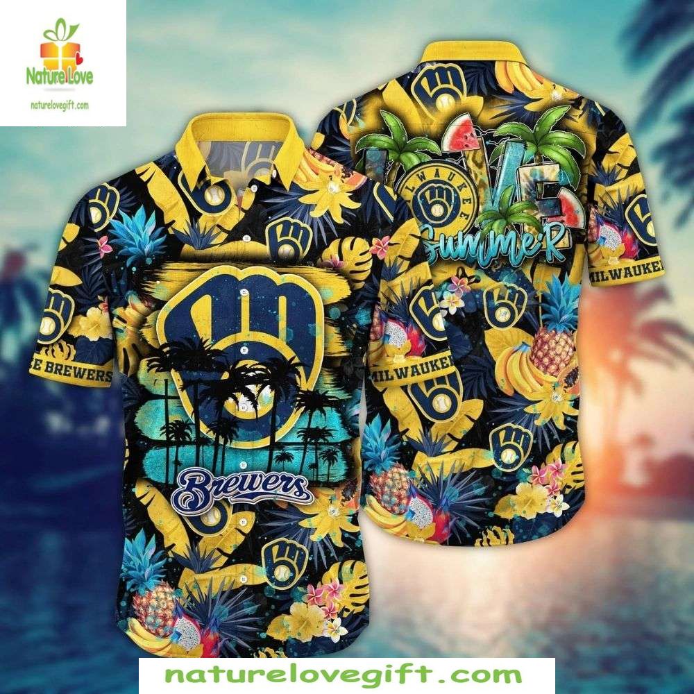 Milwaukee Brewers Hawaiian Shirt Summer Night Palm Baseball Apparel
