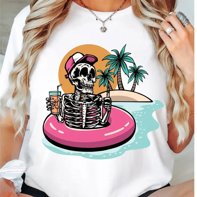 Summer Skeleton T-Shirt, Funny Summer Shirt, Beach Holiday Tee, Summer Skeleton Vacation Tee, Peachy Skeleton Shirt,...
