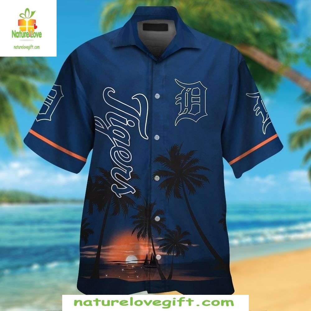 Detroit Tigers Hawaiian Shirt Sunset Palm Tree Silhouette Aloha Baseball Apparel