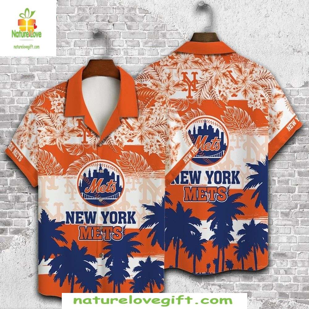 NY Mets Hawaiian Shirt Orange Sunset Palms Silhouette Baseball Apparel